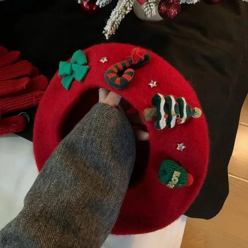 Новый Рождественский Берет Ретро Красная Шляпа Женский Зимний Бант Елка Берет Теплая Студенческая Шляпа Женская Шляпа Художника Новый 2024