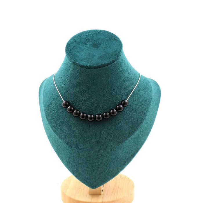 Stones and Minerals. Necklace 10 Black Agate Beads 8 Mm. Stainless Steel Chain Necklace Women Men. Customizable Size.