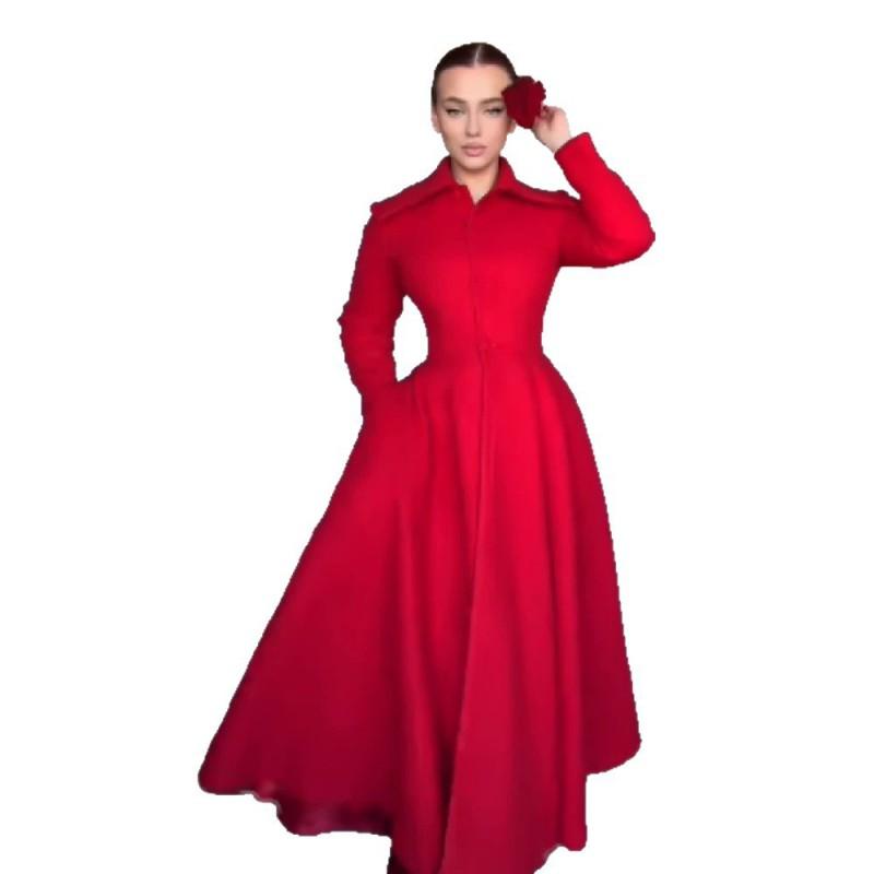 Womens Long Sleeve Wool Blend Coat 2026 Retro Elegant Swing Overcoat