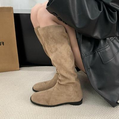 Мягкая кожа британский стиль 2025 рыцарские ботинки квадратный носок толстый низкий каблук осень и зима тонкие ботинки до колена универсальная модная одинарная обувь