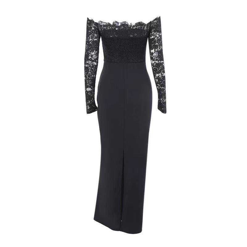 Retro Pure Desire Lace One-Shoulder Dress: Women's 2025 Sexy Long Sleeve, Hip-Hugging Skirt.