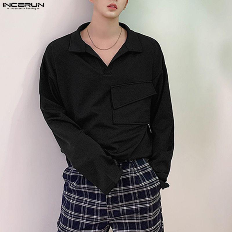 INCERUN Мужские футболки оверсайз с лацканами, длинным рукавом, однотонные, свободные, повседневные