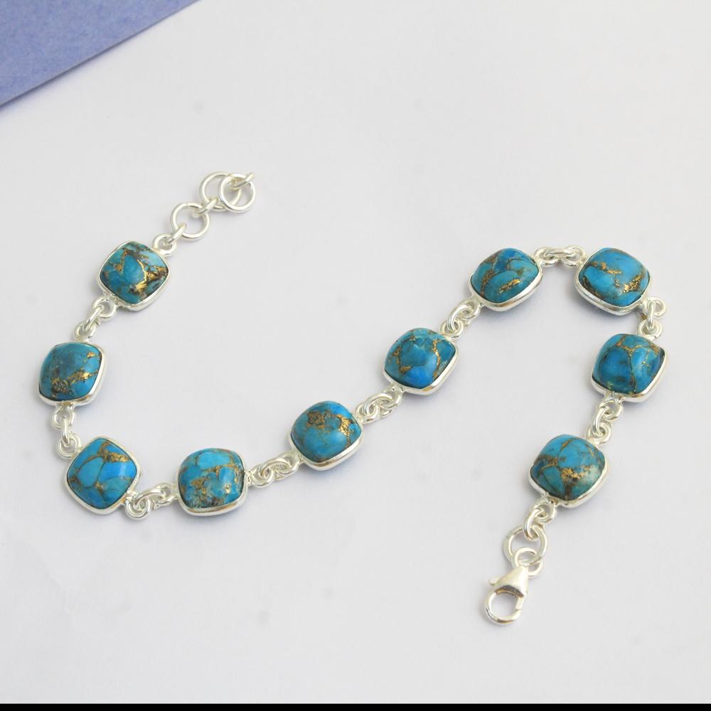 Браслет ручной работы из стерлингового серебра 925 пробы с синим медным бирюзовым драгоценным камнем. Массивные ювелирные изделия.