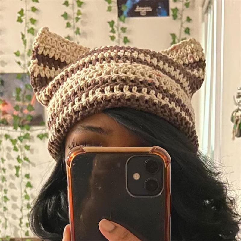 New Handmade Crocheted Color-blocked Bear Ear and Rabbit Ear Hood, Fashionable and Versatile Adult Hat