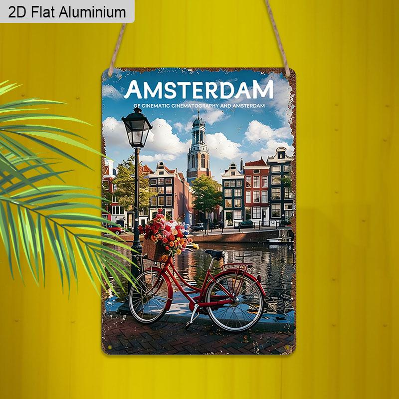 2D Flat, 1pc Vintage Amsterdam Aluminium Wall Art Sign "Cinematic Amsterdam" - 8"x12" Rustic Travel & Home Decor, Dutch Canal & Bicycle Wall Art