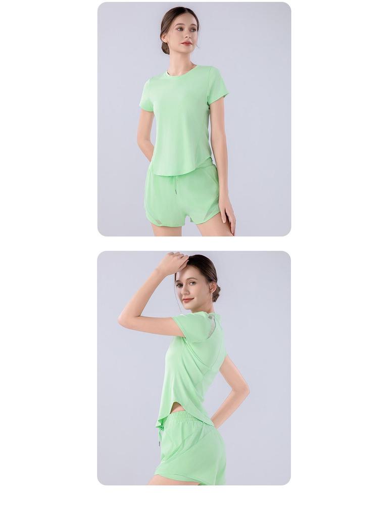 Женский летний быстросохнущий спортивный комплект из сетки: Дышащий топ с коротким рукавом свободного кроя для бега, тренировок и йоги