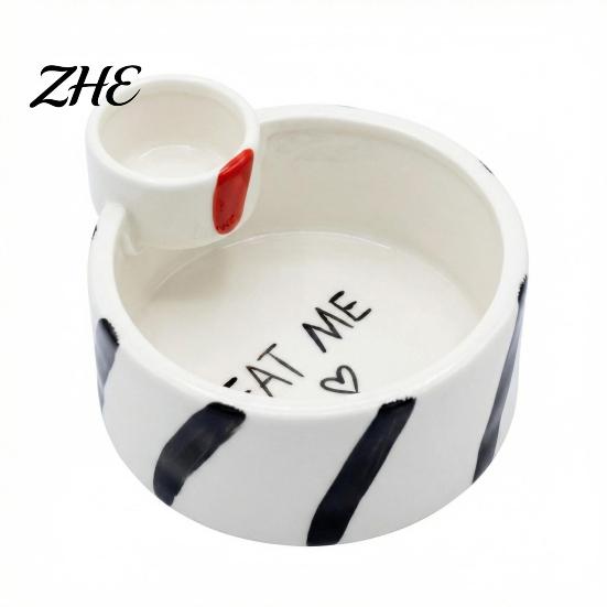 Dry And Wet Food Separator French Fries Bowl with Sauce Dipping Compartment, Heat Resistant Ceramic Snack Elegant Heart Shaped Server, Microwave Safe