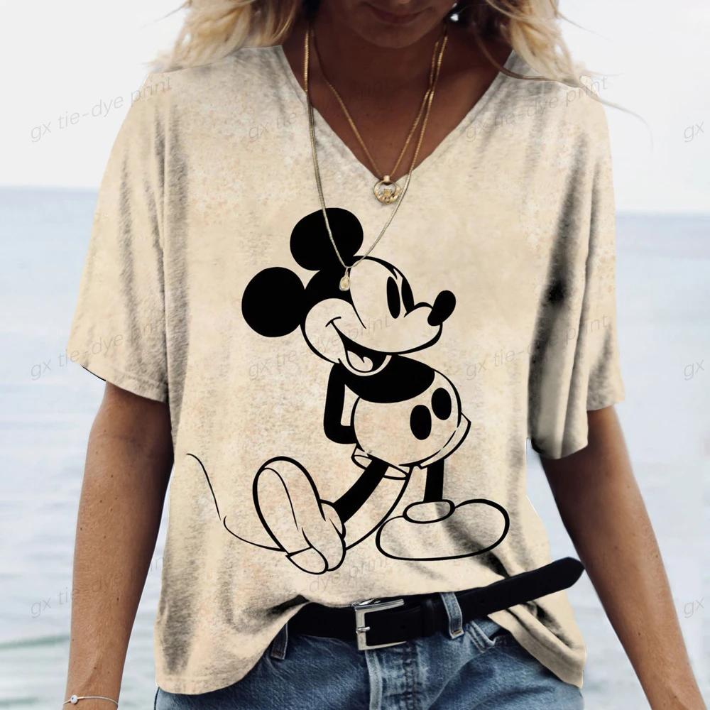 Новые женские винтажные футболки с принтом Микки Мауса Disney, женские топы, пуловеры с V-образным вырезом, повседневная уличная одежда, топы с коротким рукавом, лето