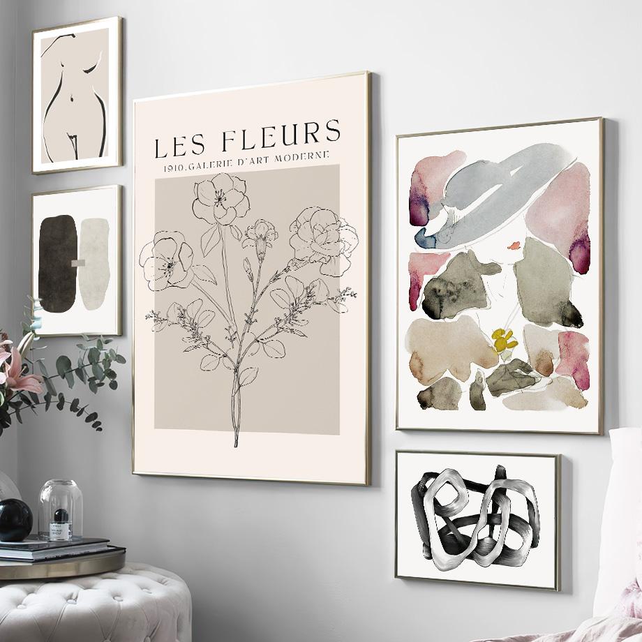 Абстрактная линия листа цветок бежевый черный ботанический настенный художественный холст картины постеры и принты настенные панно для декора гостиной