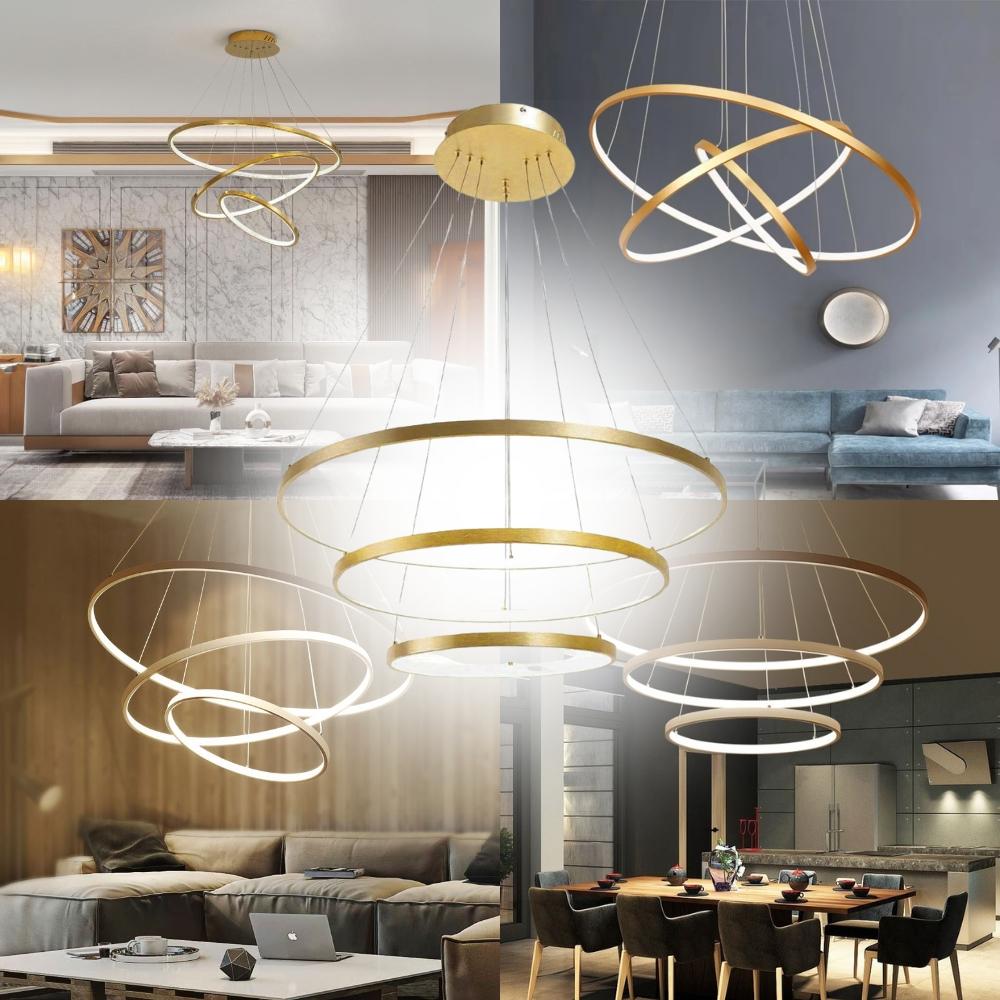 LED ceiling pendant lamp, chandelier, 3 rings, 76w, gold color, adjustable, NEUTRAL
