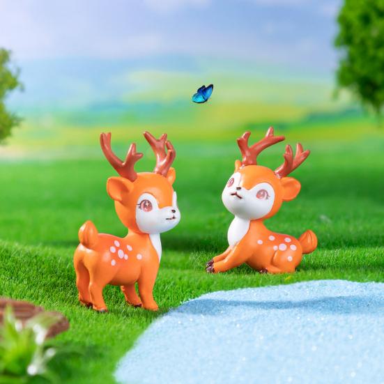 2 Pcs Mini Sika Deer Figurines Hand-colored Deer Miniatures Mini Animal Statues for Fairy Gardens Bonsai Micro Landscape