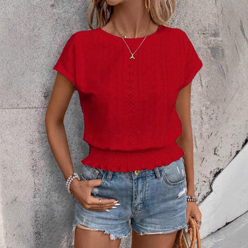 Летняя повседневная блузка с круглым вырезом из жаккарда с коротким рукавом, милые свободные женские рубашки, топы, элегантные однотонные узкие белые блузки для отпуска 26365