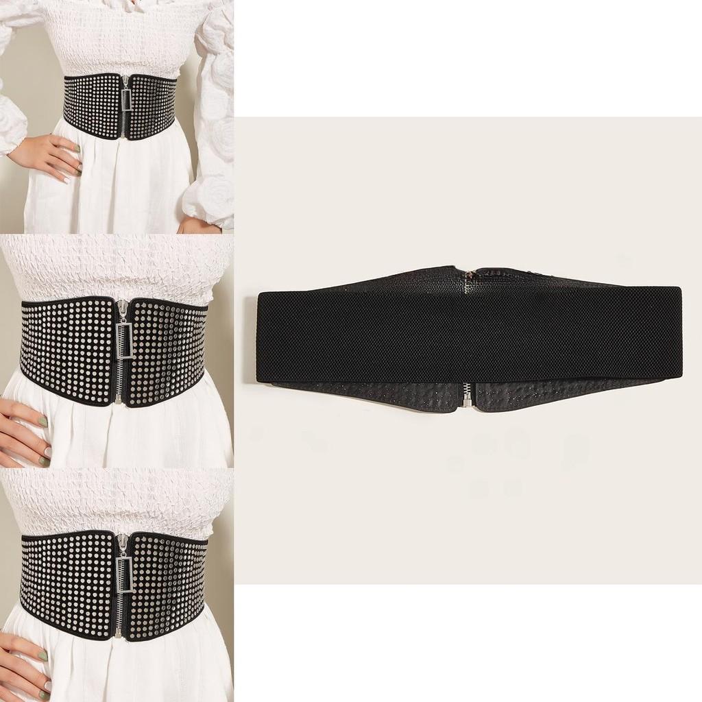 Faux Leather Wide Waist Belt For Women With Metal Buckle And Rivet Detailing