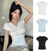 Женская футболка-henley с V-образным вырезом, в рубчик, с коротким рукавом, облегающего кроя, однотонная, повседневная, для ежедневного ношения