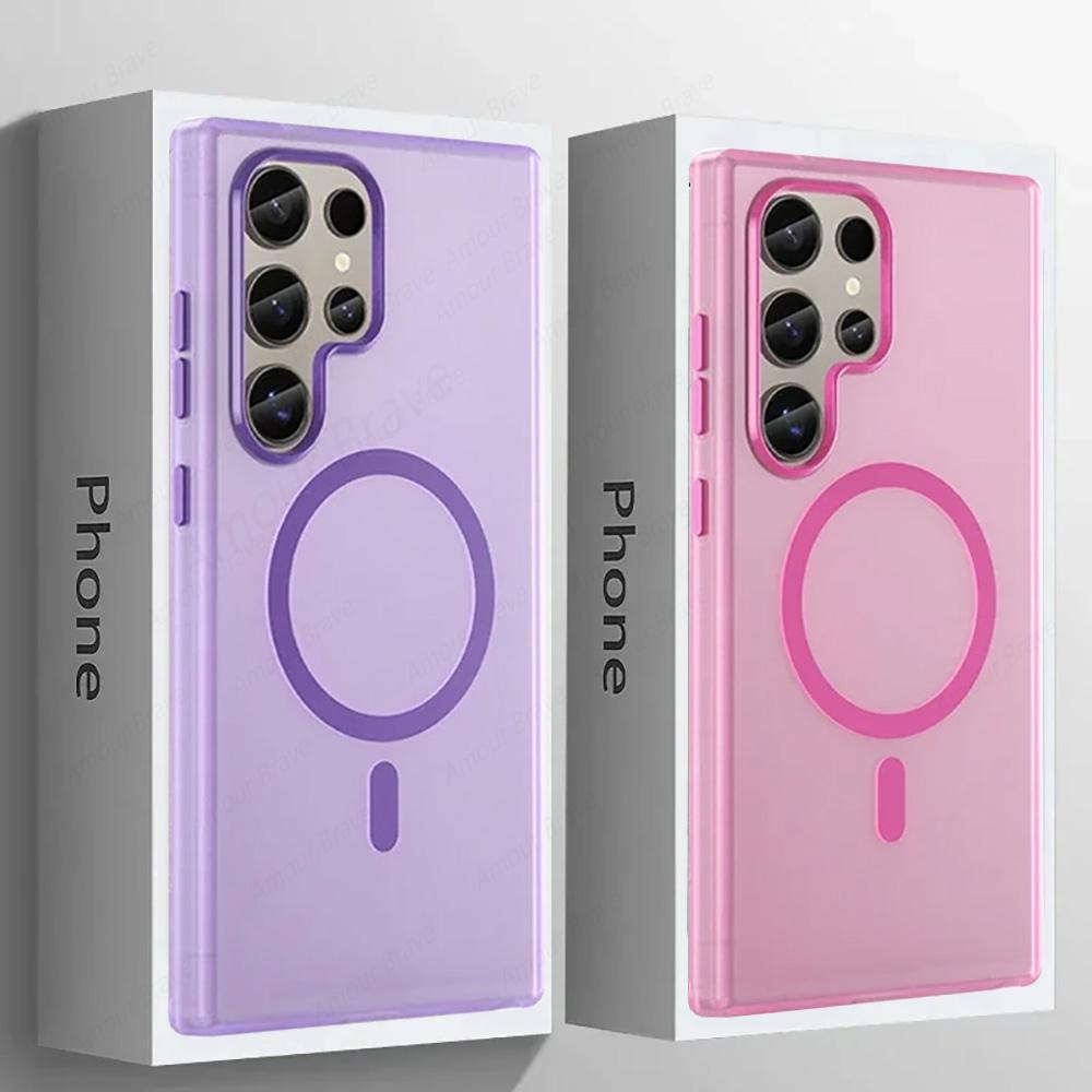 For Magsafe Matte Candy Translucent Phone Case For Samsung Galaxy S25 S24 Ultra S23 Plus FE Shockproof Wireless Charging Cover