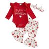 Baby Girls 3PCS Pants Sets Flying Sleeve O Neck Romper Heart Print Pants Headband Sets