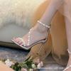 2025 New Design Sense Niche Transparent Pearl One-word Sandals Women's Stiletto High Heels