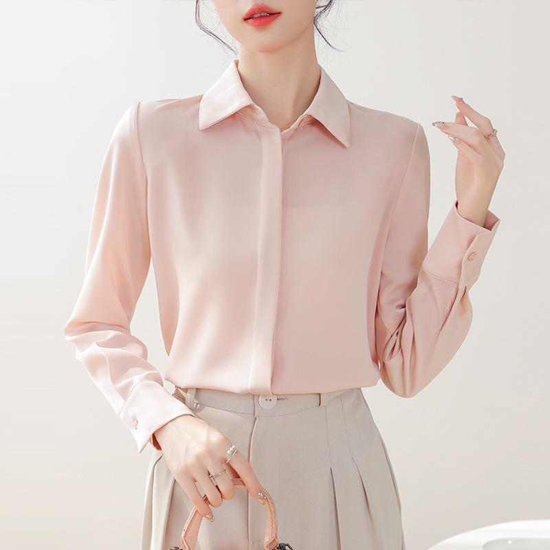 Women's Ash Blue Satin Long Sleeve Shirt - Retro Hong Kong Style, Spring Commute, Concealed Placket, Versatile Drapey Blouse