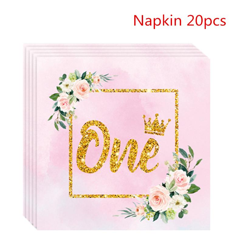 One First Happy Birthday Party Decorations Pink Flower Crown Disposable Tableware Baby Shower 1 Year Old Birthday Party Supplies