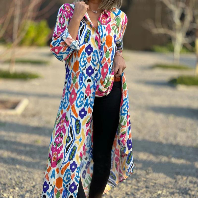 GMXIA Плюс Размер Женщин Элегантный Длинный Рукав Напечатанный Рубашка Платье Юбка Платья