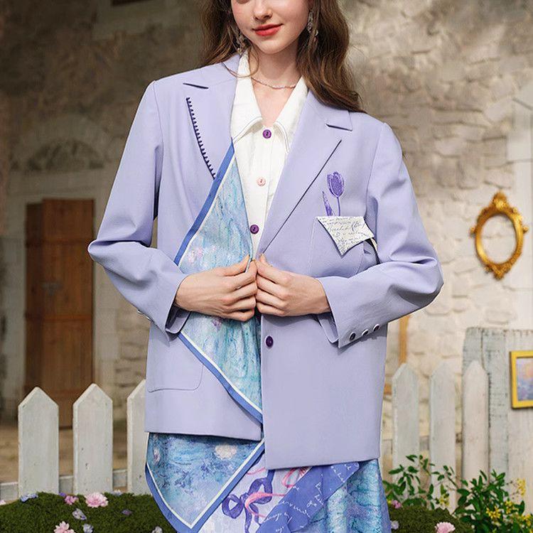 Фиолетовый осенний блейзер винтажного свободного кроя, повседневный пиджак с карманами, цветочная элегантность