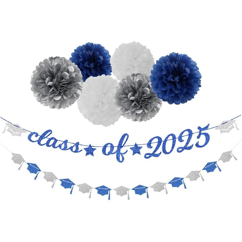 Navy-Blue White-Silver Party-Decoration Graduation Banner - 8pcs Kits Cap Garland Streamers, Paper Tissue Pom Poms Flowers,We are So Proud of You