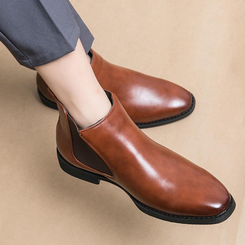 Men’s Pointed Chelsea Boots Business Leather Shoes Black Brown Cowboy Autumn Winter Boot Party Prom Dress Ankle Botas Large Size