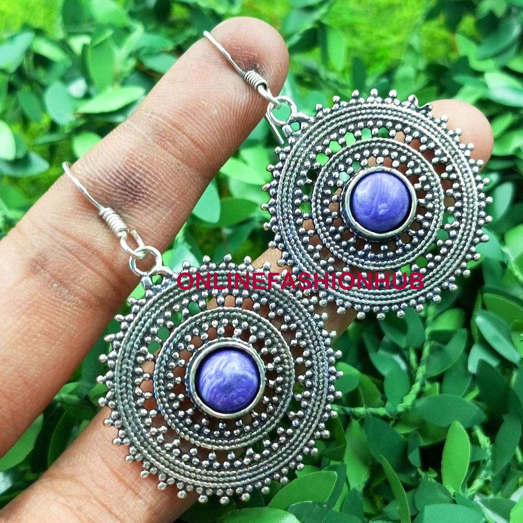 Charoite Gemstone 925 Sterling Silver Plated Girl's Hook Earrings Jewelry PQY-IJ9116