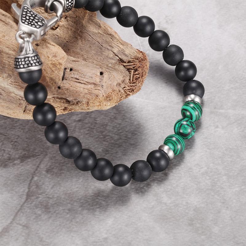 MATT STONE BRACELET 8mm Matt Onyx Stone Bead Bracelet with Reptile Design Lobster Lock, Green Malachit Stones