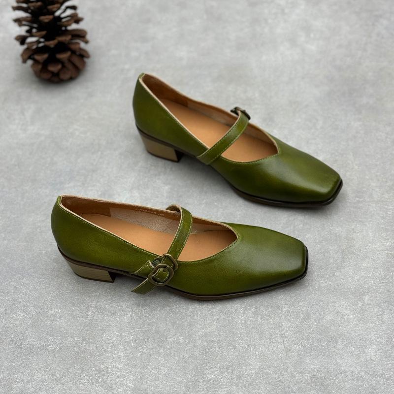 Johnature Туфли-лодочки женские из натуральной кожи на толстом каблуке в стиле ретро с квадратным носком и каблуком Мэри Джейн