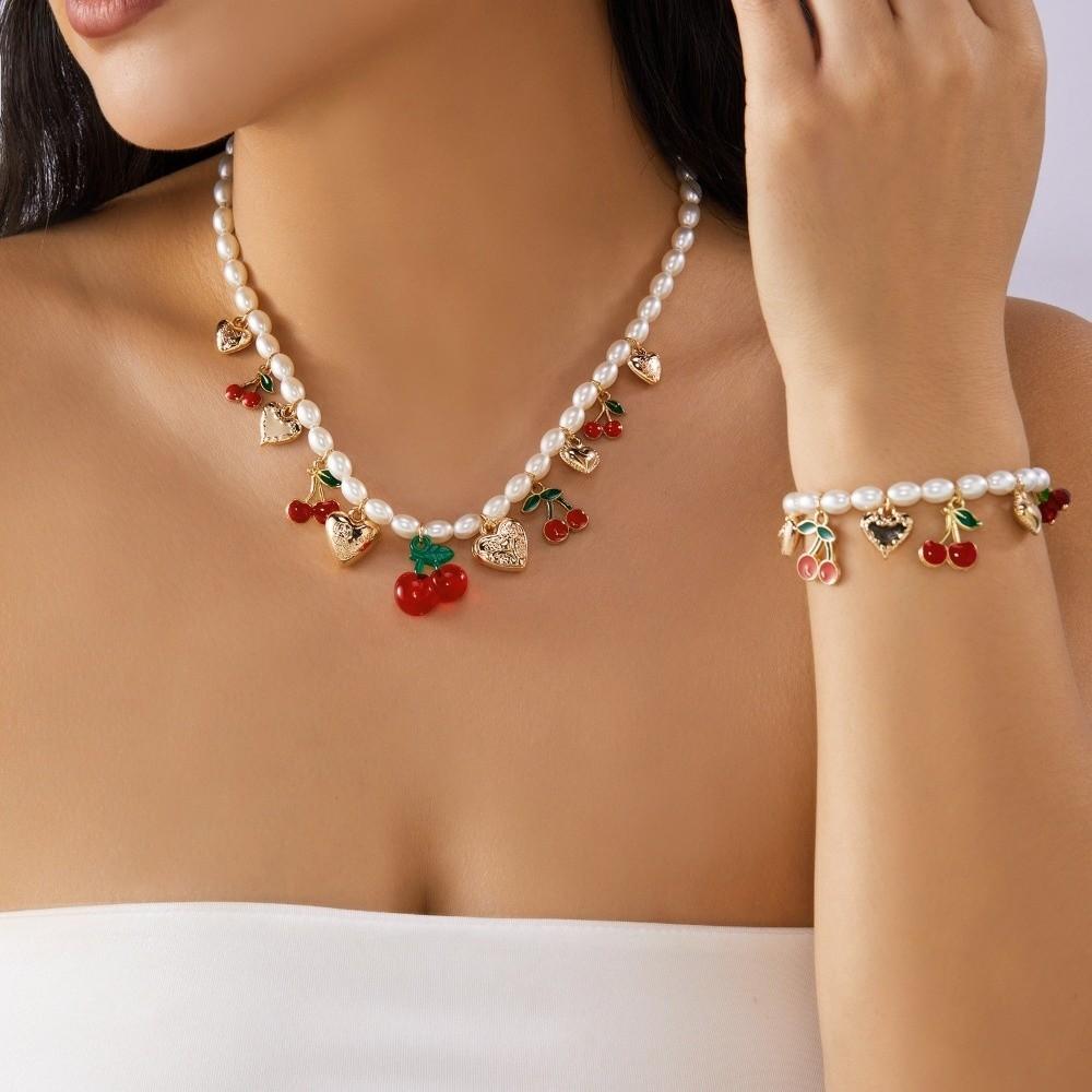 Elegant Heart Charm Necklace Sweet Pearl Choker Necklace New Fruit Cherry Necklace Women Jewelry