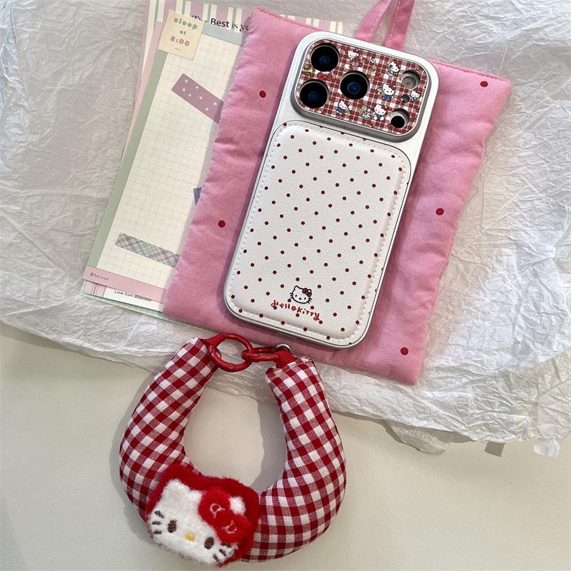 Красный ремешок-шнурок с рисунком в горошек и котиком для чехла iPhone 17/16 Pro Max/15/14 для женщин.