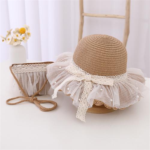 2 шт./компл., детская соломенная шляпа для девочек + упаковка, кружевная кепка от солнца с жемчужным бантом, летняя детская кепка для девочек, пляжная детская шляпа принцессы, рыбацкие шляпы, реквизит для фотографий