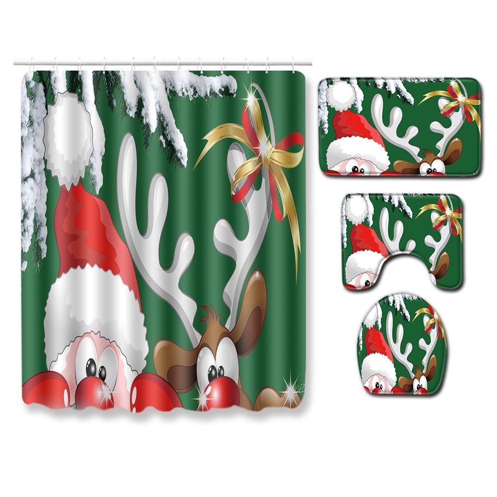 Christmas Shower Curtain Floor Mat Combination Four-Piece Set Bathroom Toilet Carpet Shower Room Mat Foot Mat