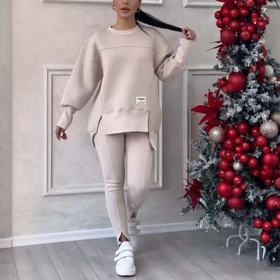 Женский повседневный спортивный костюм свитшот осень зима модный однотонный свободный свитшот топ и облегающие брюки комплект из двух предметов