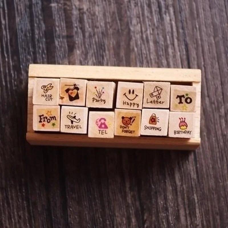 12 шт./Набор Винтажные штампы для дневника погоды Сделай сам Деревянные штампы в ассортименте для скрапбукинга Канцелярские товары Школьные принадлежности