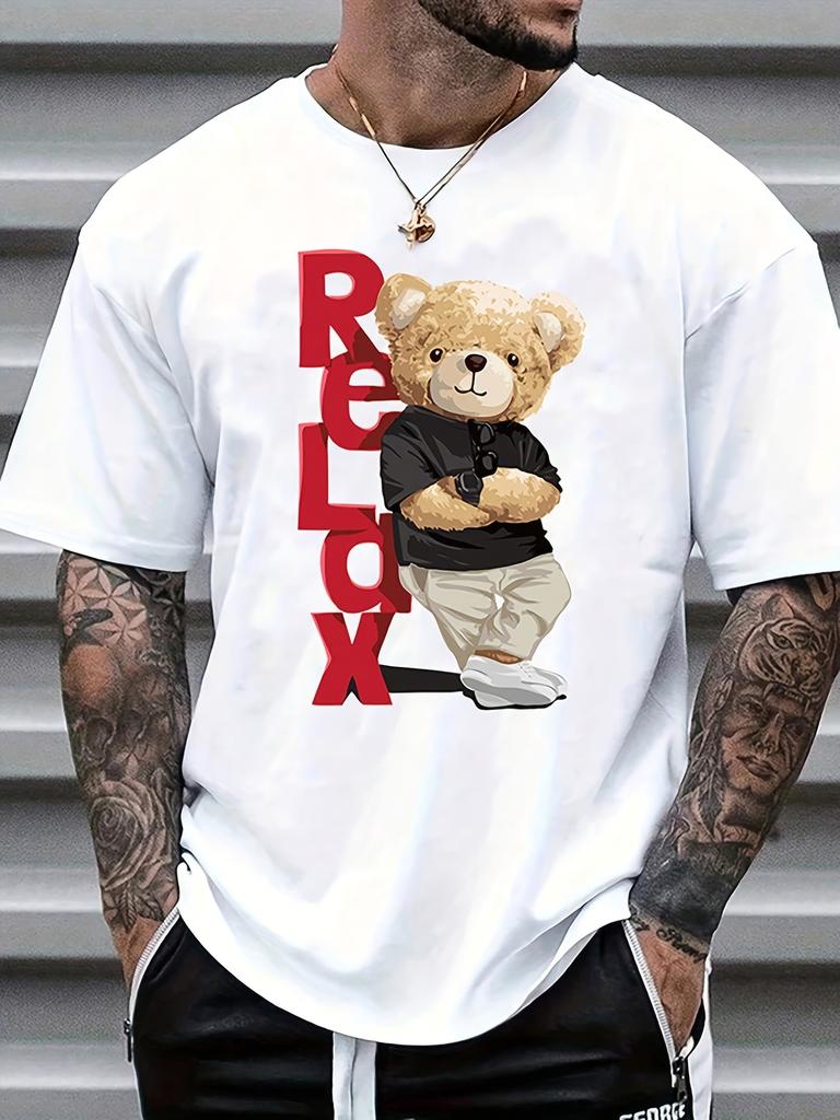Mens casual crew neck Tshirt 100 cotton light stretch knit regular fit relaxed teddy bear pattern Tshirt