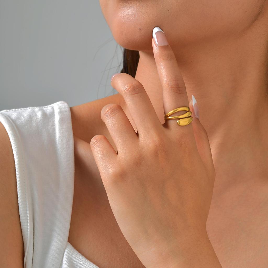 Stainless Steel Hollow Adjustable Open Ring Fine Three-layer Gold Plated Rings For Women Summer Finger Jewelry Accessories New