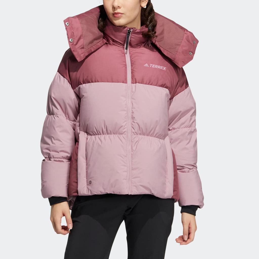 adidas Куртка Terrex W Puff Gd с принтом логотипа, застежкой-молнией, воротником-стойкой, капюшоном, легкая пуховая куртка для женщин, розовая HN1998