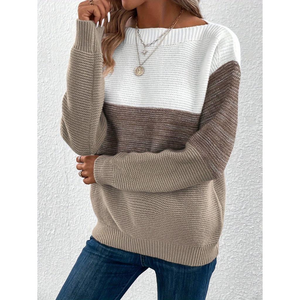 Stripe Color Block Sweater, Elegant Long Sleeve Drop Shoulder Sweater for Fall & Winter, Women's Clothing