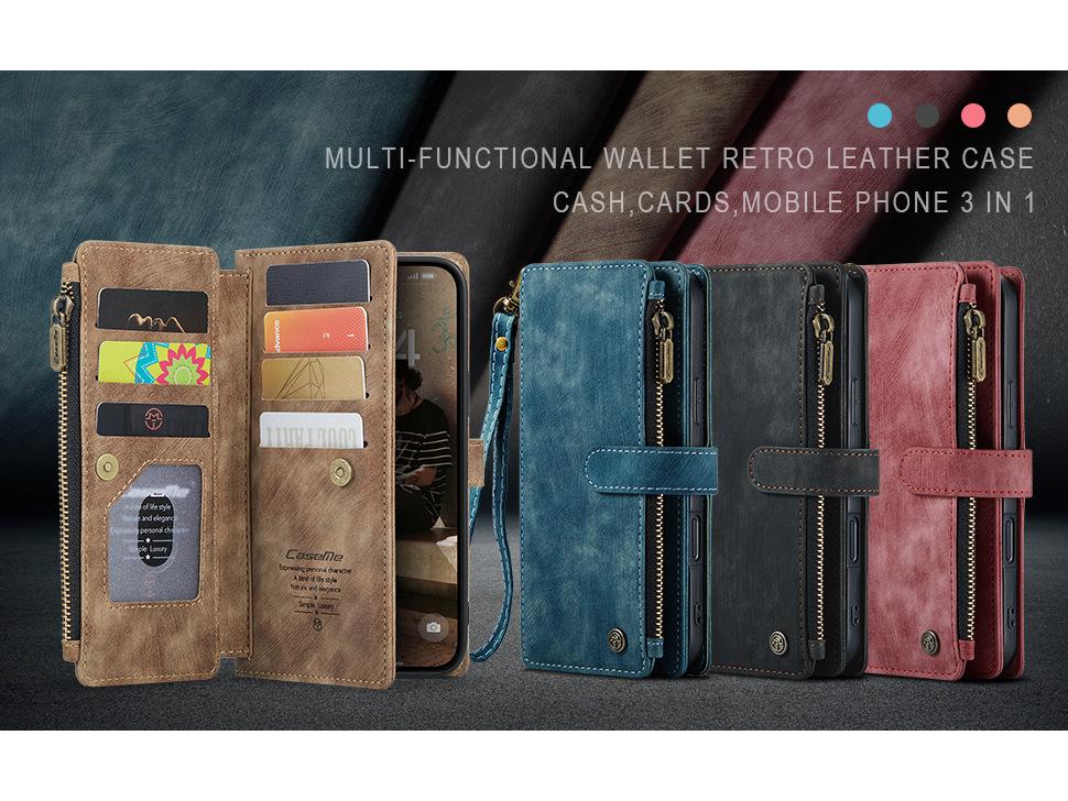 Кожаный чехол-кошелек для Apple 16 Pro Max с отделениями для нескольких карт, ремешком на руку и функцией подставки.