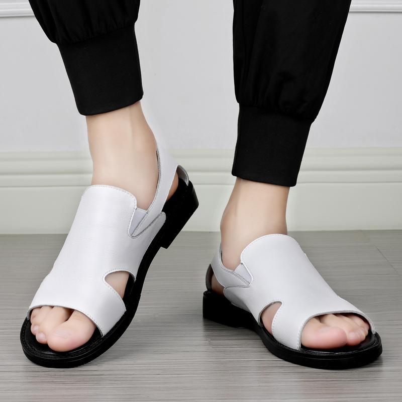 Мужские сандалии, белые кожаные сандалии-гладиаторы, уличные римские сандалии без шнуровки для мужчин, пляжная обувь с открытым носком, большие размеры