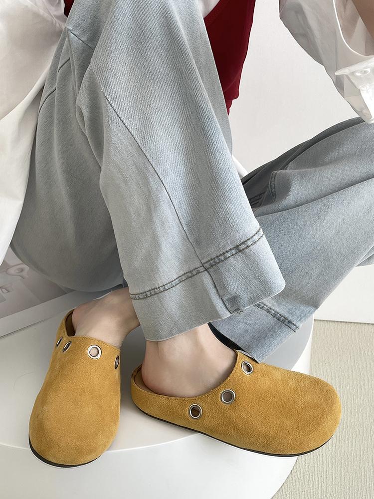 Fashion 2025 Spring New Closed Toe Slippers Women's Fashion Round Toe Deep Mouth Rivet Soft Sole Anti-slip Wear-resistant Flat Shoes