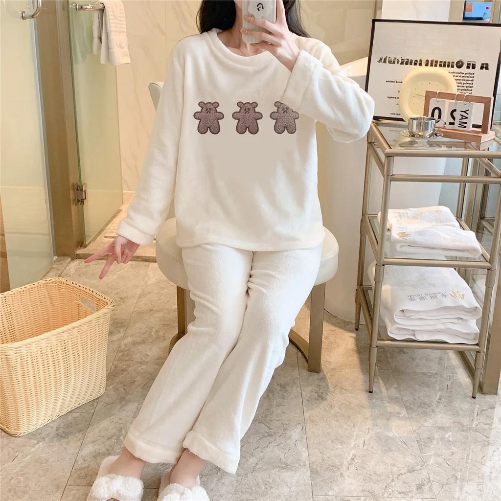 Winter Flannel Warm Pajamas for Wome Thickening Round Neck Long Sleeve Outfits for Women 2 Piece Set Cute Printing Home Wear