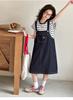 Girls' Cowboy Strap Skirt Set 2026 Summer Korean Edition Striped Short Sleeve Two Piece Set Girls' Casual Dress