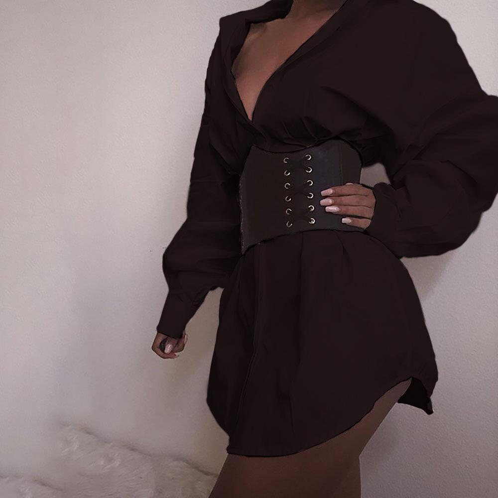 Женское однотонное сексуальное платье-рубашка с глубоким V-образным вырезом и складками на талии