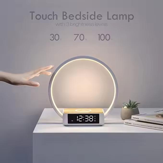 Modern European Circular Touch Control 3-Color Warm White ABS Bedroom LED Night Light Time Display Dimmable Wireless Charger