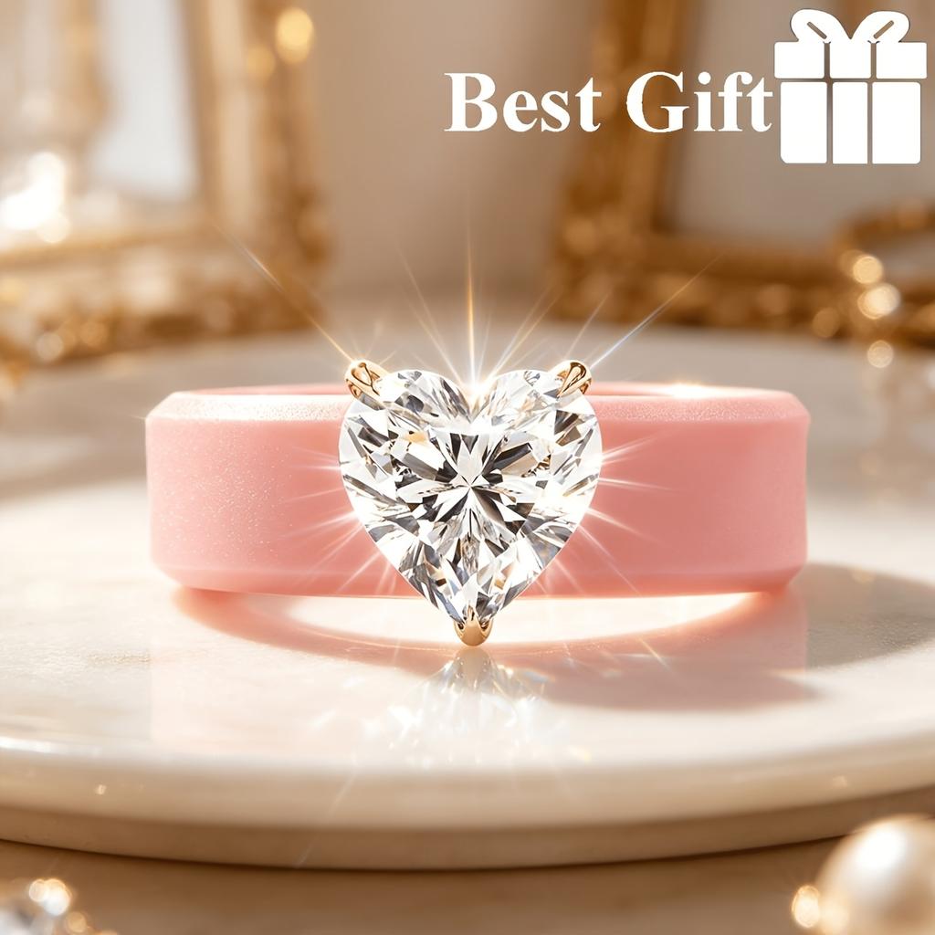 Elegant Pink Silicone Ring 3-Prong Clear Heart Solitaire CZ,Dainty Casual Engagement Jewelry For Ladies