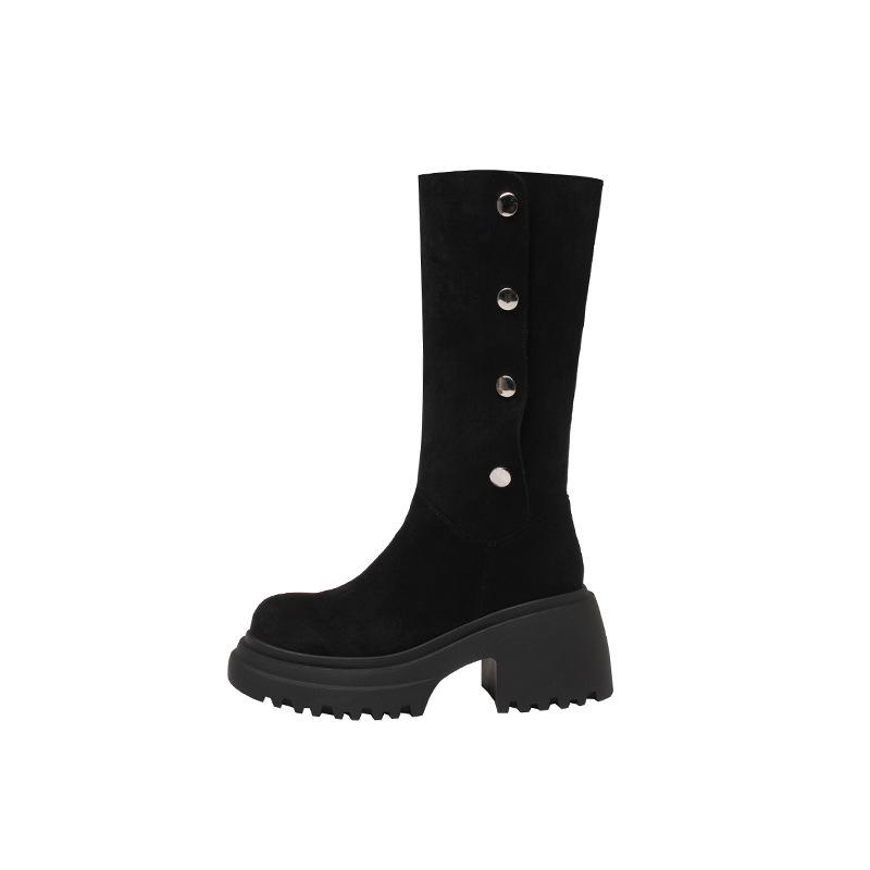 Маленькие сапоги на толстой подошве для осени и зимы с круглым носком и толстым каблуком, увеличивающим высоту ворса, замшевые, с утолщенным мехом, теплые зимние сапоги для женщин