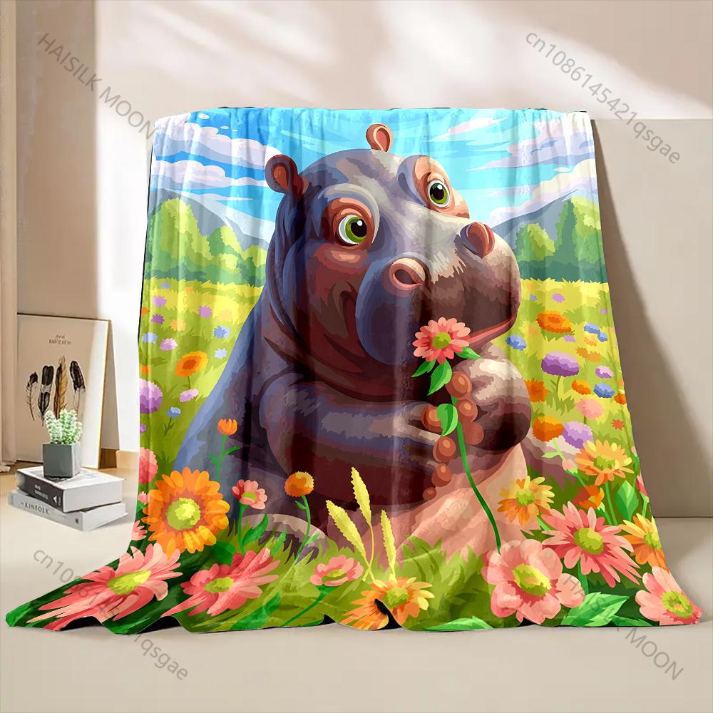 Cartoon Hippopotami and Flowers Pattern Blanket Warm Soft for Sofa Bed Home Travel Camping Blanket All Seasons Holiday Gifts